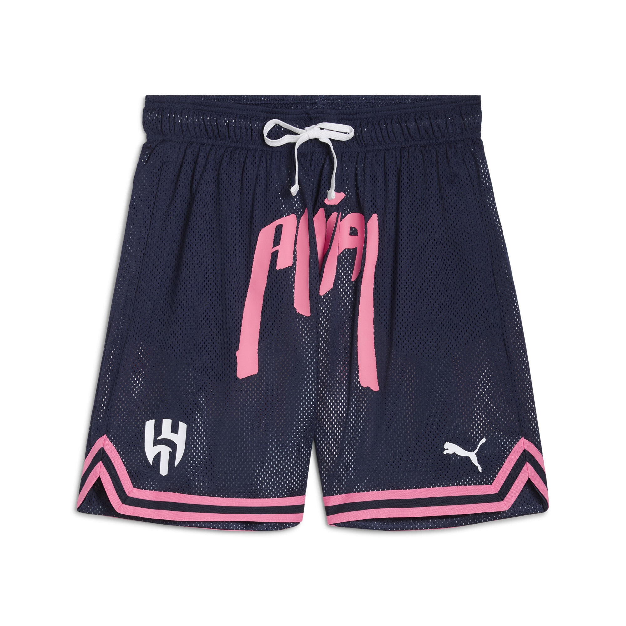 Shorts PUMA "PUMA HOOPS x AL-HILAL SFC Wendbare Basketballshorts Herren", Herren, Gr. M, Normalgrößen, blau (navy aop blau), Innenmaterial: 100% Polyester; Außenseite: 100% Polyester; Taschenfutter: 100% Polyester, unifarben, regular fit, Hosen Image