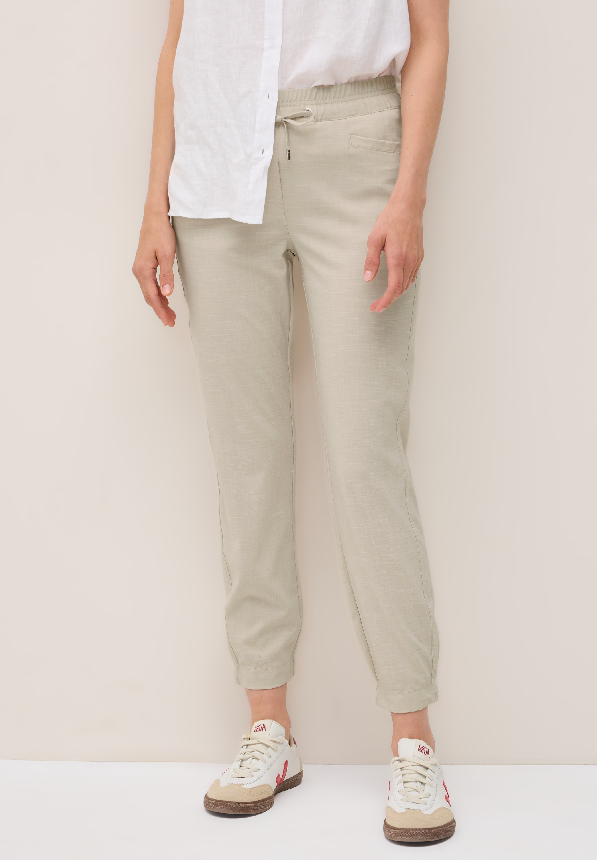 Jogger Pants CECIL, Damen, Gr. L, Länge 28, beige (boulder beige), Stoff, 54% Polyester, 43% Viskose, 3% Elasthan, unifarben, loose fit knöchelfrei, Hosen, Middle Waist