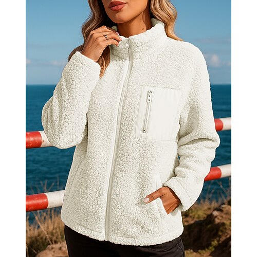 Damen Outdoor-Freizeit-Coatv Wintermantel Polar Soft Fleecejacke Tasche Vollreißverschluss Langarm Oberteil Athleisure Herbst Winter Einfarbig Winddicht Warm Leicht Wandern Training sportlich Image