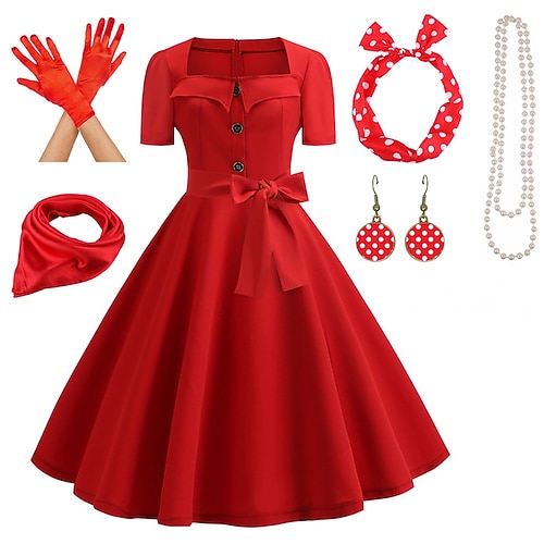 1950er Retro Vintage Rockabilly Swing-Kleid Ausgestelltes Kleid Tupfen Kostüm Damen Party / Abend Junggesellinnenabschiedsparty Erwachsene Kleid Handschuhe Ohrringe Image