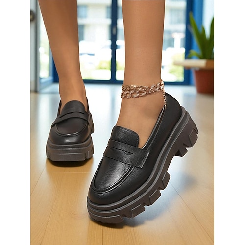 Schwarze klobige Loafer für Damen mit Plateausohle – trendige Slip-On-Freizeitschuhe für den Alltag, das Büro und Wochenendausflüge Image