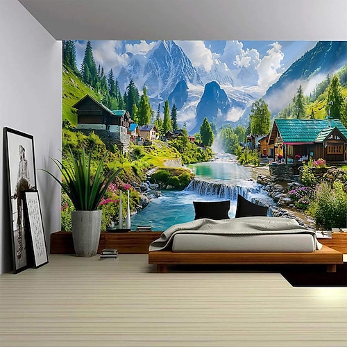 Natur Wandteppich Kunst Dekor Decke Vorhang Picknick Tischdecke hängend Haus Schlafzimmer Wohnzimmer Wohnheim Dekoration Wald Landschaft Sonnenschein durch Fluss Image