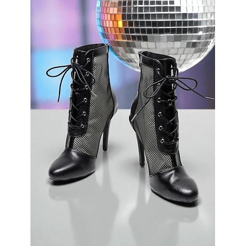 Weiße Disco-Tanzstiefel aus Mesh mit Schnürung für Damen – Retro-Stiefeletten mit hohem Absatz für Vintage-Party- und Clubwear