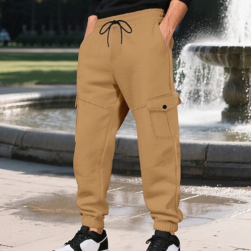 Herren Sporthose Jogginghose Cargo-Jogginghose Tasche Elastischer Bund Kordelzug Einfach Komfort Sport im Freien Täglich Mode Lässig Armeegrün Schwarz Mikroelastisch Image