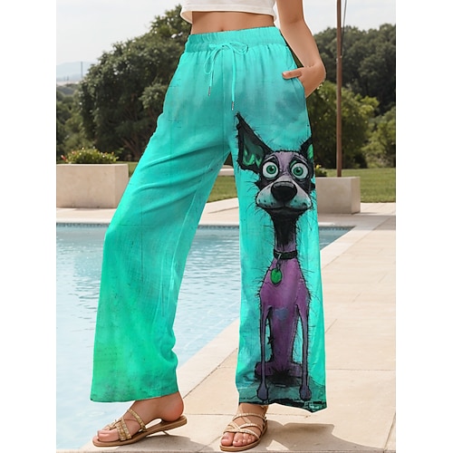 Damen Weites Bein Chinos Baggy-Hosen Strandshorts Urlaub Vintage Mode Volle Länge Hohe Taille Grafik Tiermotiv Hund Drucken Weich Atmungsaktiv Unelastisch Lässig Täglich Outdoor Amethyst Rubinrot Image