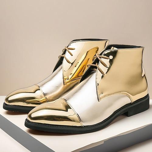 Herren Stiefel Spaziergang Geschäftlich Hochzeit Lackleder Bequem Rutschfest Atmungsaktiv Stiefeletten Schnürung Gold Herbst Winter