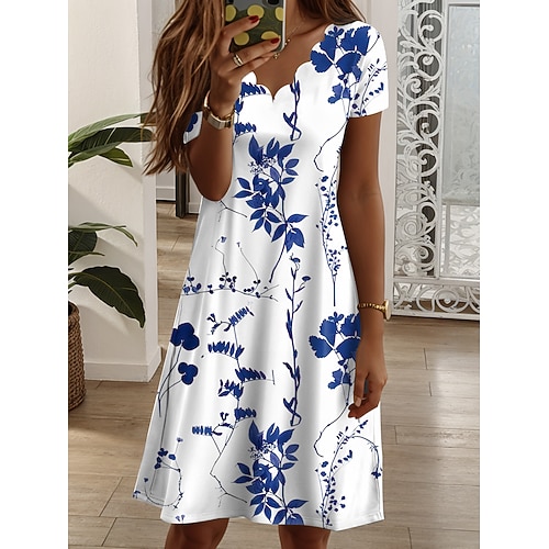 Damen Minikleid Sommerkleid T-Shirt-Kleid A Linie Kleid Urlaub Lässig Täglich Normale Passform Blumen Grafik Kurzarm V Ausschnitt Blau Dunkelgelb Gelb Hellgrün Sommer Frühling Image