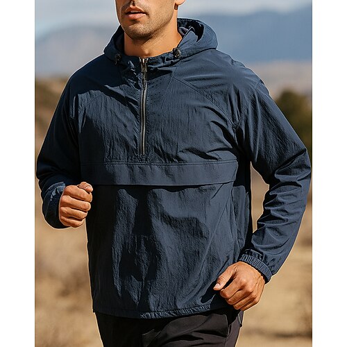 Herren Einfarbig Laufjacke Outdoorjacke Kapuzenjacke Sommer Kordelzug Tasche Viertel Postleitzahl Langarm Athleisure Sonnenschutz Winddicht Feuchtigkeitsableitend Atmungsaktiv Angeln Wandern Laufen Image