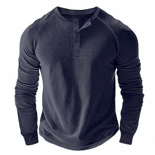 Herren Waffel-Henley-Hemd T-Shirt Langarm Einfarbig Einfach Texture Mode Designer Lässig Raglanärmel Henley Lässig Täglich Outdoor Sommer Herbst Winter Marineblau Henley T-Shirt