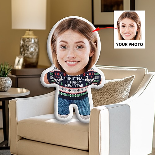 Weihnachtskundenspezifisches Gesichtskissen personalisiertes Fotominime-Wurfkissen humanoider Polster lustiger Gag-Weihnachtsgeschenk für ihn und sie Mini-Me-Puppenspielzeug Image
