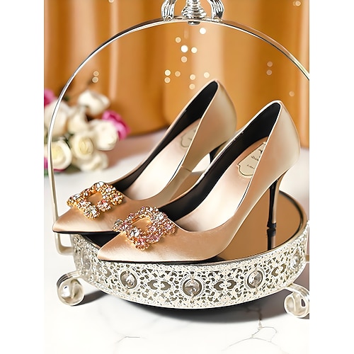 Damen-High-Heels aus goldenem Satin mit spitzer Zehenpartie – elegante Pumps mit Strassschnalle für Cocktailpartys und Abendveranstaltungen Image