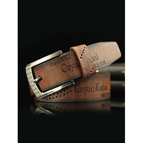 Herren-Gürtel aus Vintage-Kunstleder im Freizeitstil – stilvolles perforiertes Design mit gebürsteter Metallschnalle – perfekt für den Alltag und Jeans, verstellbar 110 cm Image