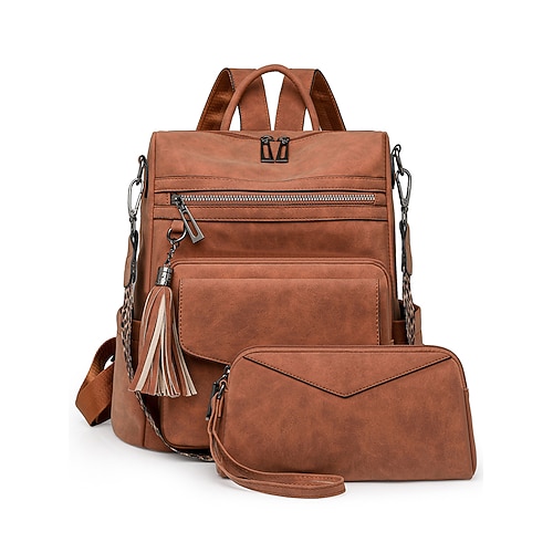 Damen-Rucksack-/Geldbörsenset aus Kunstleder mit Leopardenmuster, 2er-Set – wandelbare Umhängetasche mit Quasten für den Schulalltag, Reisen und Einkaufen Image