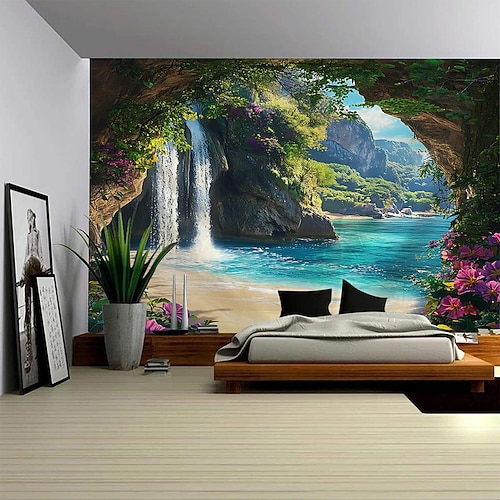 Natur Wandteppich Kunst Dekor Decke Vorhang Picknick Tischdecke hängend Haus Schlafzimmer Wohnzimmer Wohnheim Dekoration Wald Landschaft Sonnenschein durch Fluss Image