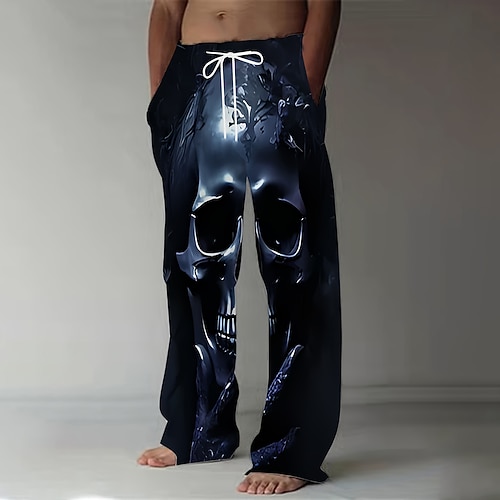 Herren Kostüme Skulls Hose Baggy Pants Freizeitpants Mittlere Taille Dunkel Gothic Stil Urlaub Streetwear Elastischer Kordelzug Taille Leinenähnliche Hose mit Taschen Sommer Frühling 3D Druck Schwarz Image