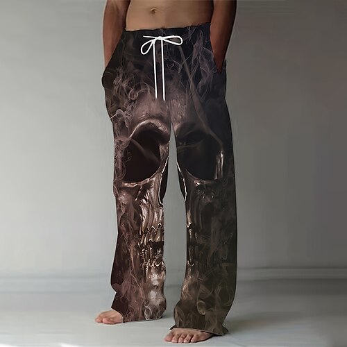Herren Kostüme Skulls Hose Baggy Pants Freizeitpants Mittlere Taille Dunkel Gothic Stil Urlaub Streetwear Elastischer Kordelzug Taille Leinenähnliche Hose mit Taschen Sommer Frühling 3D Druck Schwarz Image