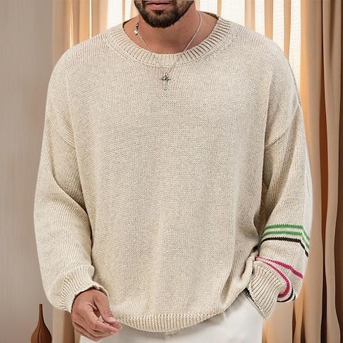 Herren Pullover Gerippt Stricken Tunika Gestrickt Schmale Passform Einfach Rundhalsausschnitt Strickware Zeitgenössisch Lässig Alltagskleidung Bekleidung Herbst Beige M L XL