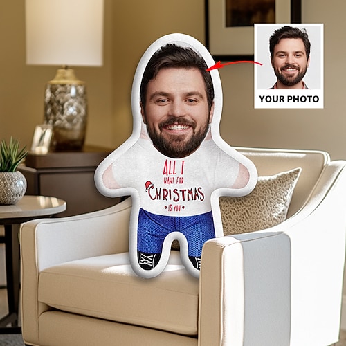 Weihnachtsbenutzerdefiniertes Gesichts-Kissen personalisiertes Foto Minime Wurfkissen humanoides Kissen lustiger Scherz-Weihnachtsgeschenk für ihn und sie Mini-Me-Puppe Spielzeug Image