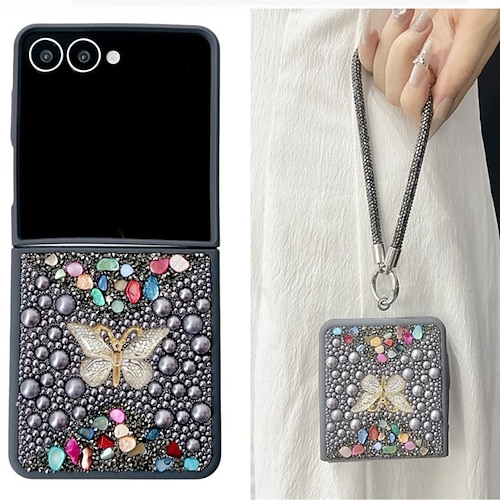 Handy Hülle Handyhüllen Für Samsung Galaxy Z Flip 7 Z Flip 6 Z Flip 5 Z Flip 4 Rückseite mit Trageriemen Bling Glitzer glänzend Stoßfest Schmetterling Retro PC Image