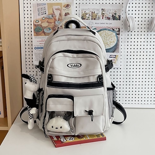 Zaino scolastico per ragazze adolescenti con portachiavi in peluche – zaino casual di grande capacità con tasca trasparente per il ritorno a scuola