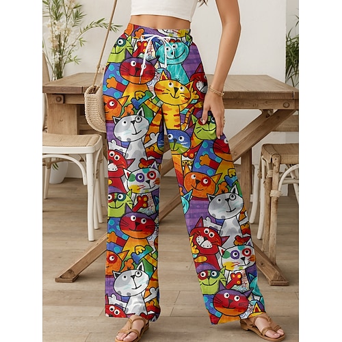 Damen Weites Bein Chinos Baggy-Hosen Strandshorts Urlaub Vintage Mode Volle Länge Hohe Taille Grafik Tiermotiv Katze Drucken Weich Atmungsaktiv Mikroelastisch Lässig Täglich Outdoor Blau Gelb Rote Image