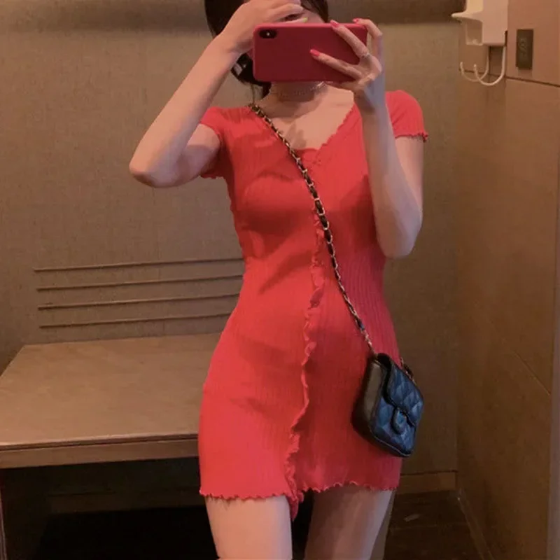 Fanan Französisches sexy dünnes Kleid für Damen, 2023, Sommer, V-Ausschnitt, Knopf-Design, blau, kurzärmelig, süßes Urlaubs-Taschen-Hüftkleid