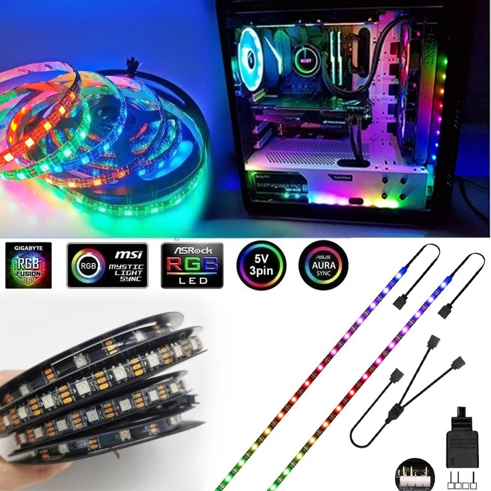 WS2812B LED-Streifenlicht, adressierbares Regenbogenband, digital, für 5 V, 3-polige ARGB-Header, PC-Gehäuse, Asus Aura Sync RGBIC Fusion MSI Mystic Image
