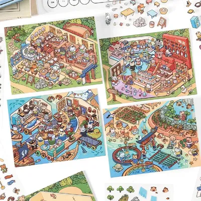 3 Blatt/Beutel Aufkleber Pack Kawaii Shop PET 2.5D Landschaft Aufkleber für Scrapbook Journal Planer DIY Briefpapier Telefon Fall Dekoration Image