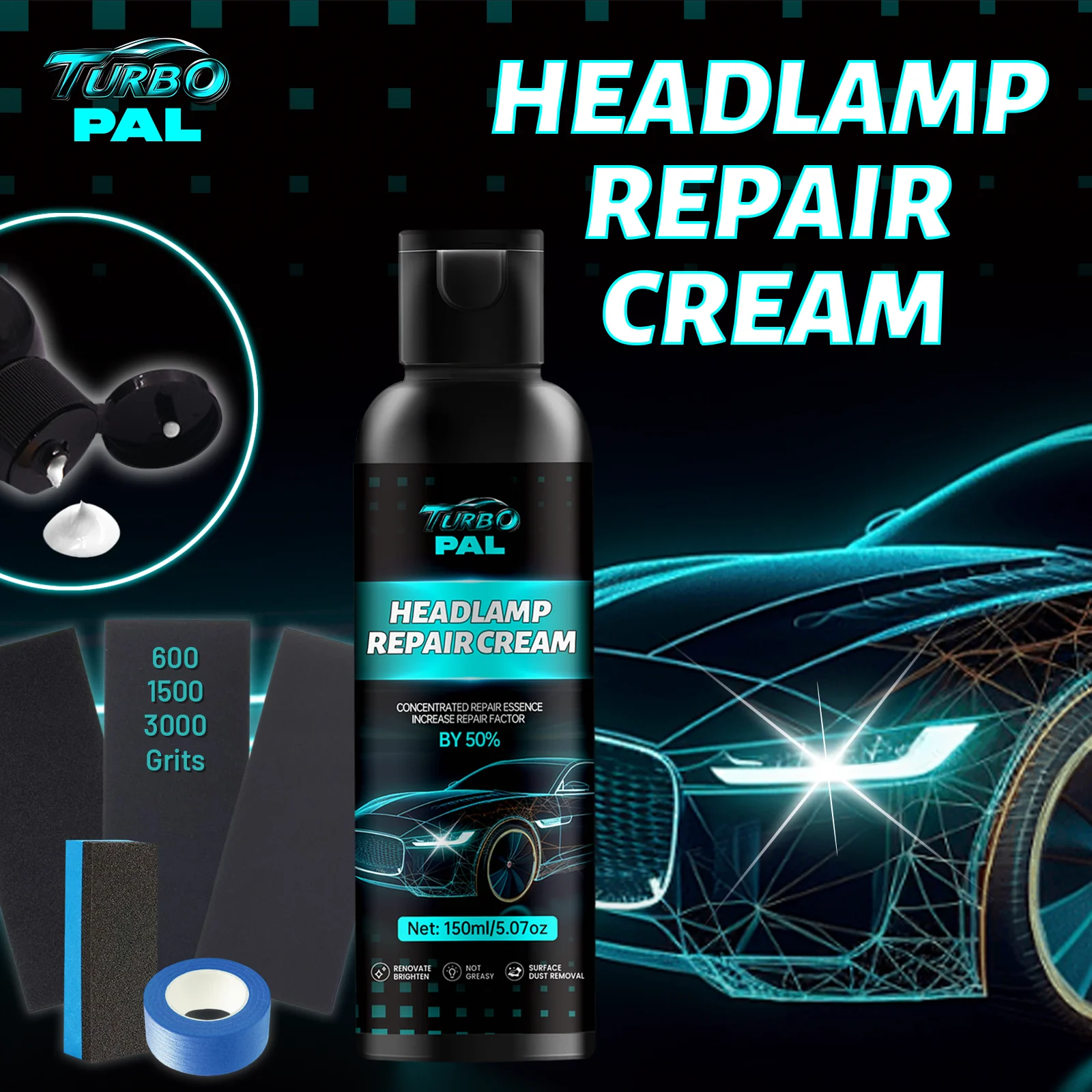 TURBOPAL Scheinwerfer-Reparaturcreme, Scheinwerfer klarheit erneuert DIY-Kit, entfernt Oxidation, Dunst und Kratzer, langanhaltender Schutz Image