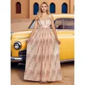 Robe de soirée de luxe en mousseline de soie, Beige, paillettes, col en v, pour femmes, fête de mariage, bal, longueur au sol, robes de demoiselle d'honneur, nouvelle collection