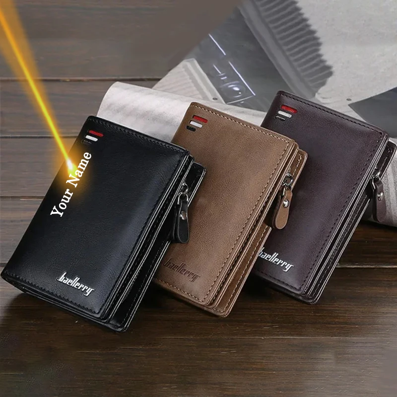 Benutzerdefinierte Mode Herren Geldbörsen Name Gravur Reißverschluss Kartenhalter PU Leder Geldbörse Geschenk für Ihn Ehemann/Freundin Jubiläum Image
