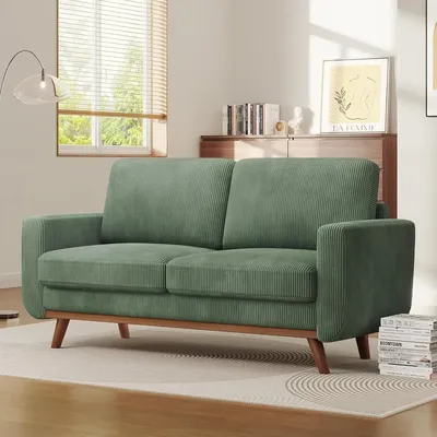 Bedroom & Living Room，68" Loveseat Sofa - Green, Comfy Corduroy with Spring Cushion, Solid Wood Frame, Modern Deep Seat