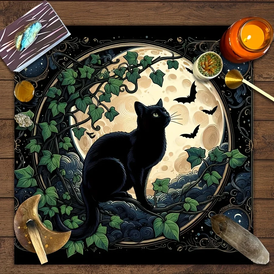 VIKAMA Magic Black Cat Tischdecke Vollmondschläger Mystische Ranken Wasserdicht Schmutzabweisend Hexenstudie Metaphysisches Studio Image