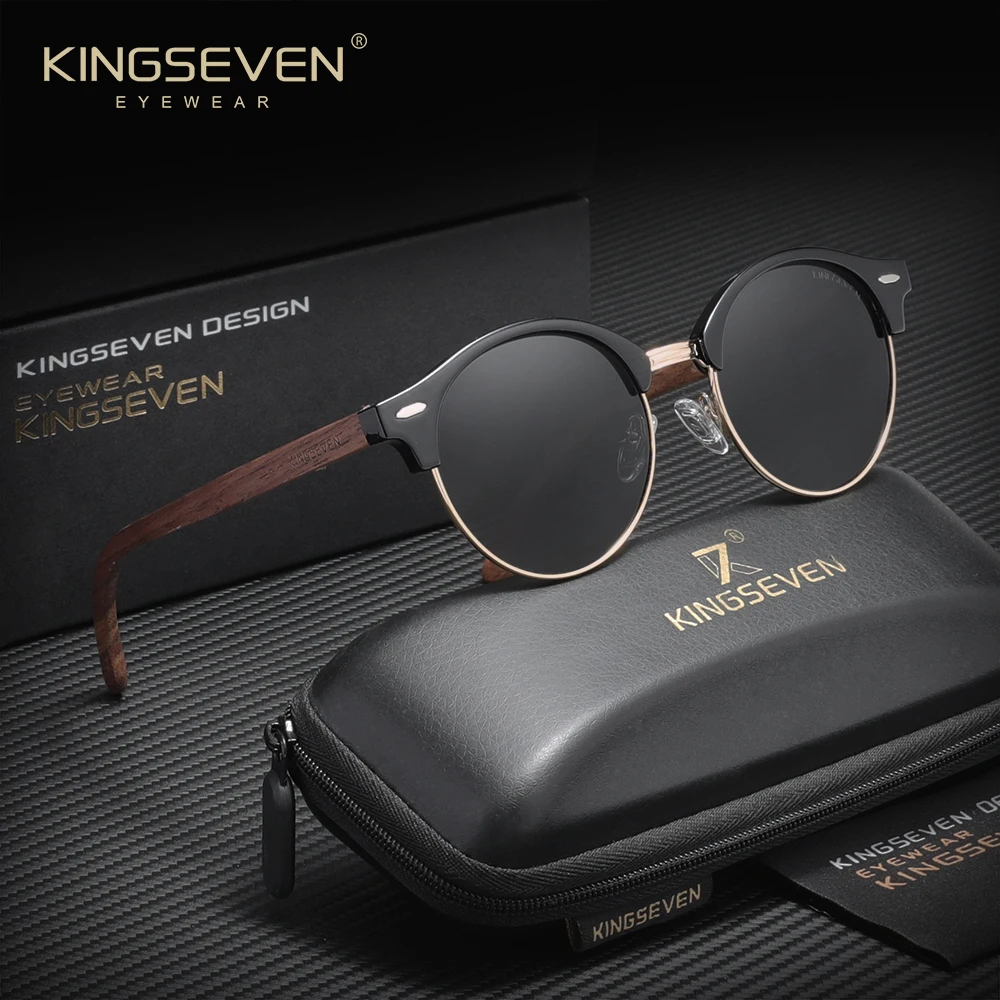 KINGSEVEN Mode Walnuss Holz Sonnenbrille Männliche Frauen UV400 Polarisierte Runde Rahmen Business Fahren Reisen Outdoor Brillen Image
