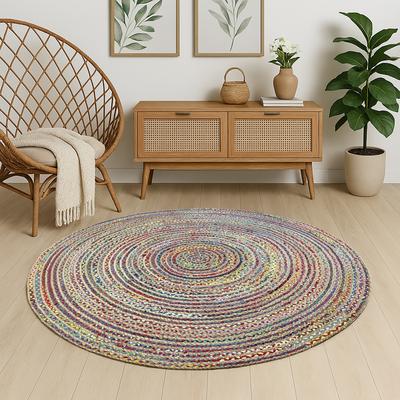 Teppich "Boho Breeze", natur multicolor, H:10mm Ø:100cm, Jute, Baumwolle, MYFLAIR MÖBEL & ACCESSOIRES, Teppiche, Juteteppich, handgeflochten, Wendeteppich, farbige Baumwoll-Akzente Image