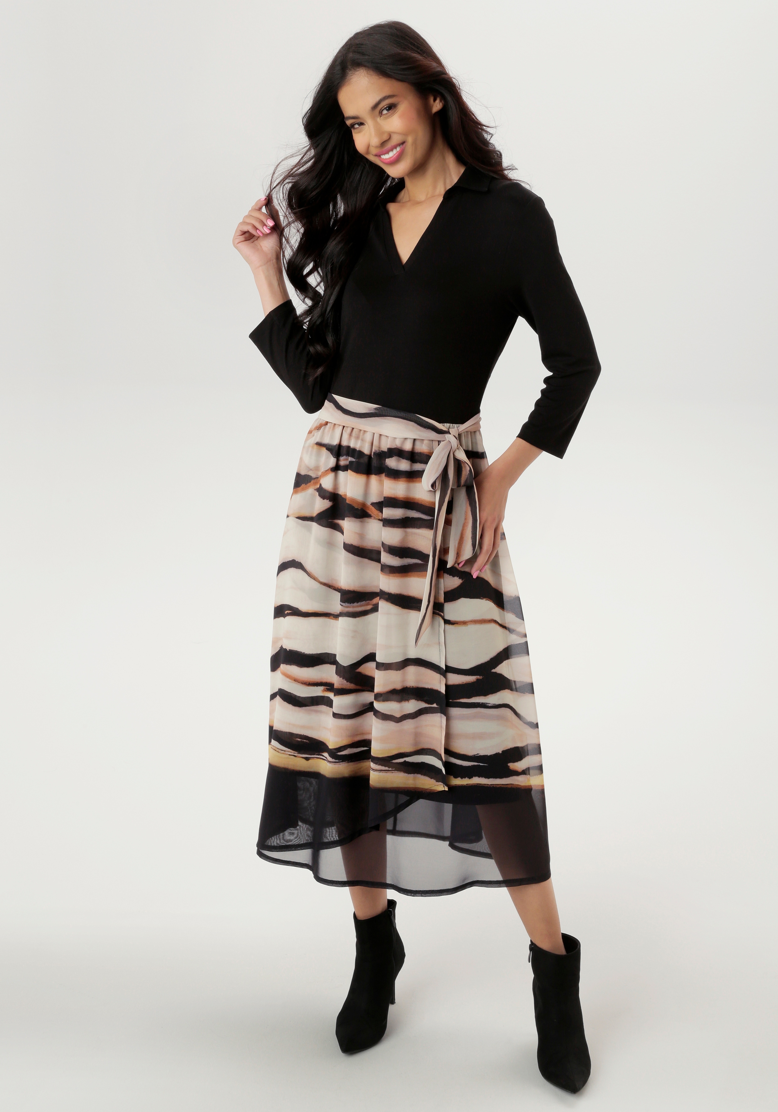 Jerseykleid ANISTON SELECTED, Damen, Gr. 36, N-Gr, schwarz (schwarz, camel, beige, ocker, zimt,), Chiffon, Obermaterial: 95% Viskose, 5% Elasthan. Futter: 95% Viskose, 5% Elasthan. Rock: 100% Polyester, animal-print, bedruckt, gemustert,...