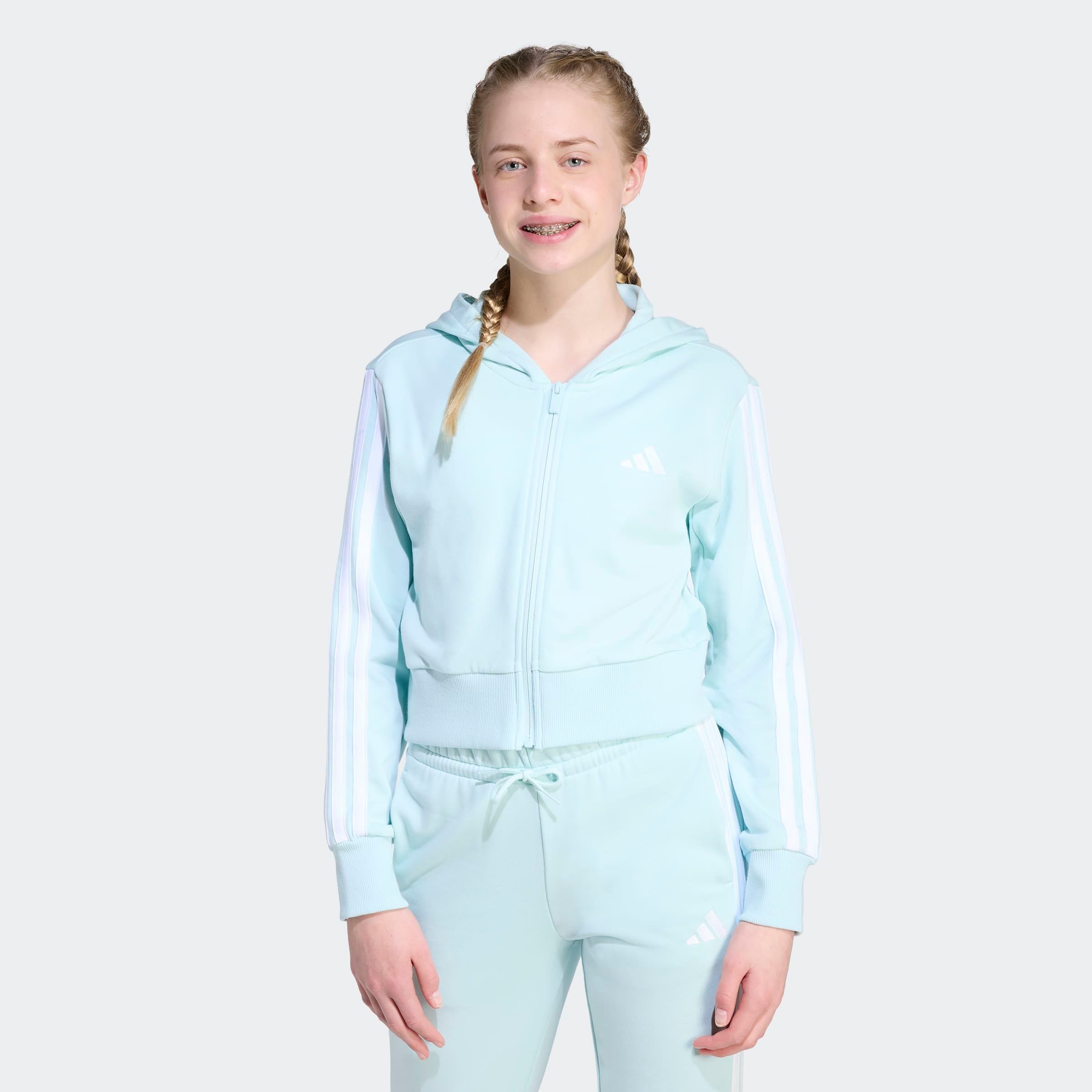 Kapuzensweatshirt ADIDAS SPORTSWEAR "JG 3S FT FZ CRO", Kinder, Gr. 152, grün (halo mint, weiß), Obermaterial: 70% Baumwolle, 30% Polyester, Sweatshirts Image