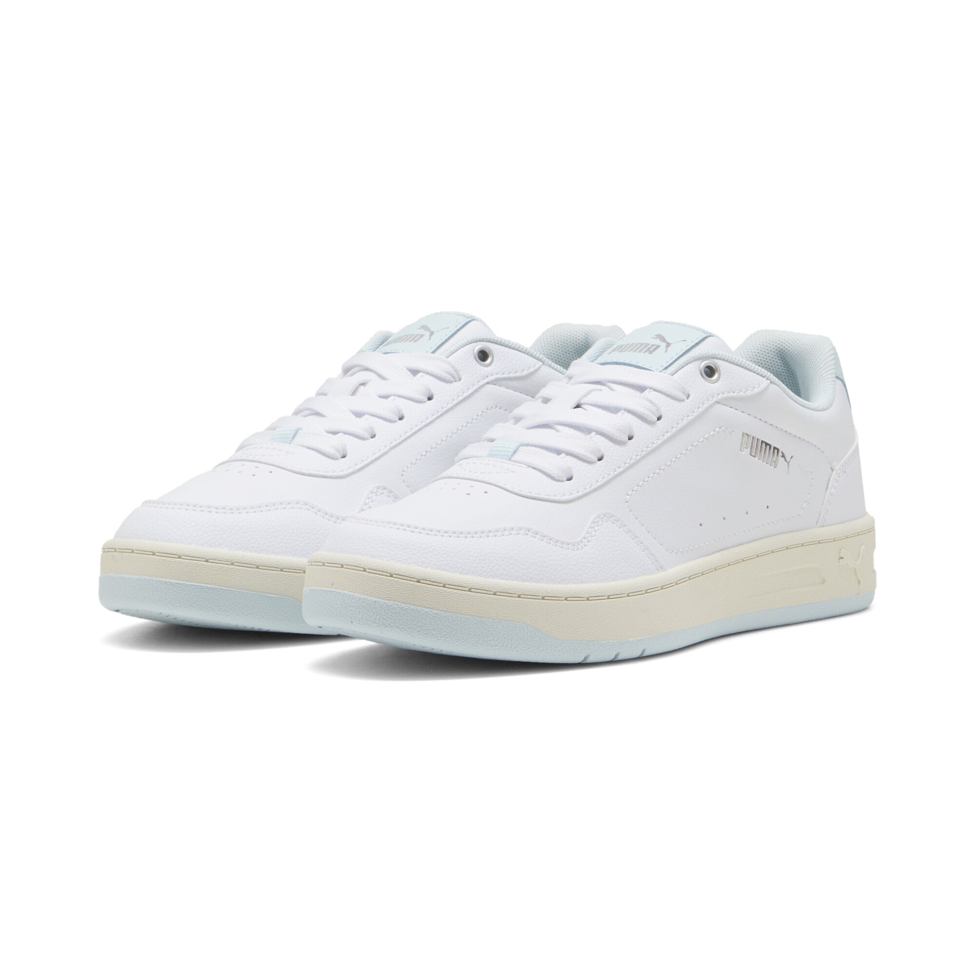 Sneaker PUMA "Court Classy Sneakers Damen", Gr. 38,5, silber (weiß sea glass silber blau metallic), Obermaterial: Synthetik; Futter: Textil; Innensohle: Textil; Laufsohle: Gummi, Schuhe