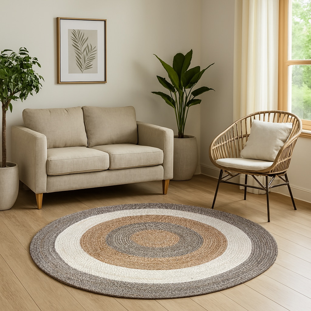 Teppich "Terra Rings", beige (natur, beige, taupe), H:10mm Ø:100cm, Jute, MYFLAIR MÖBEL & ACCESSOIRES, Teppiche, Teppich, Juteteppich, handgeflochten, Wendeteppich, gestreift, reine Naturfaser