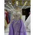 2-in-1 lila Meerjungfrau-Cocktailkleider, elegant, transparenter Ausschnitt, Damen-Abendkleid, arabische Dubai-Perlen, Perlen, Party-Kleider, individuell gestaltet