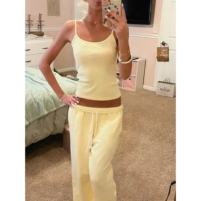 Flower Embroidery Slim Tank Top Women Summer Lace Trim Sleeveless Crop Top Drawstring Straight Sweatpants Yellow Sweet Pajamas