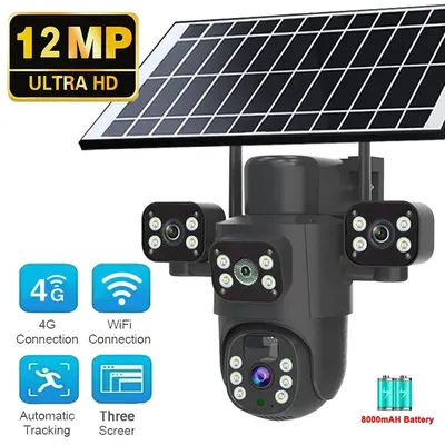 12MP Solar WIFI PTZ Camera CCTV Three Lens Three Screen Auto Tracking Security Protection Outdoor 6K 4G IP Surveillance Cameras