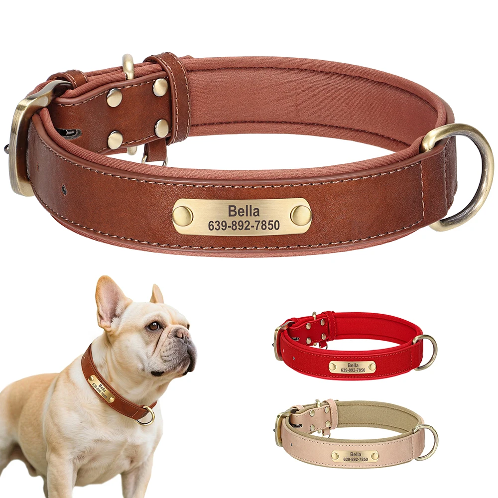 Anpassbares Hundehalsband, langlebiges PU-Leder, Hundehalsbänder, weich gepolstert, Haustier-Welpen-Halskette, kostenlose Gravur für kleine, mittelgroße und große Hunde Image