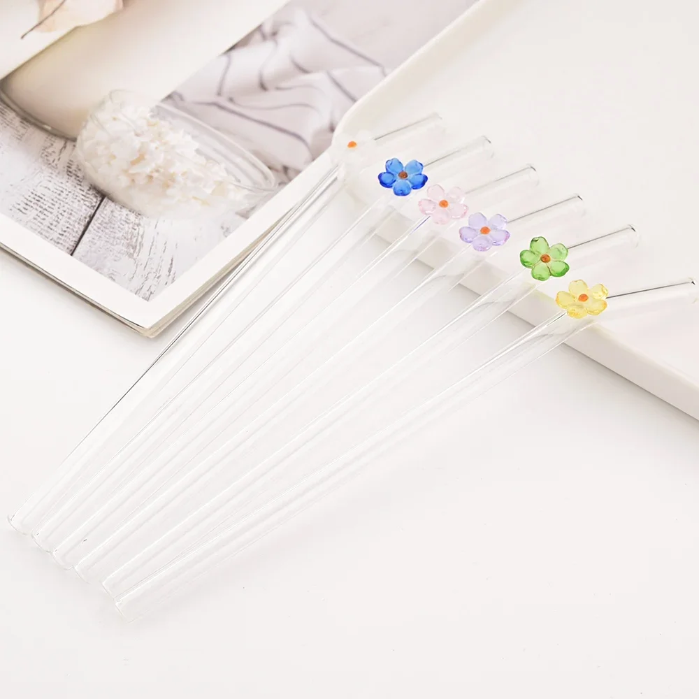 6Pcs Wiederverwendbare Trinkglas Stroh Set Nette Blume Form Stroh Für Smoothies Saft Milch Bar Zubehör Thema Party Bar werkzeuge Image