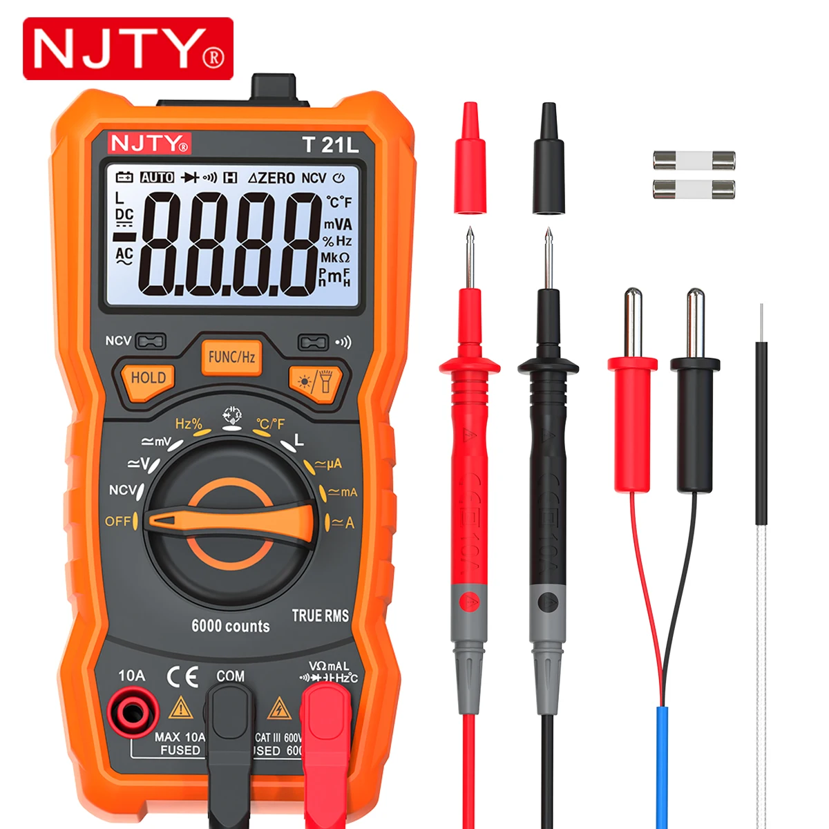 NJTY T21 Professionelles True RMS-Digitalmultimeter, 6000 Zählungen, True-RMS, automatischer/manueller Bereich, AC/DC-Spannung, Anti-Burn-Voltmeter Image