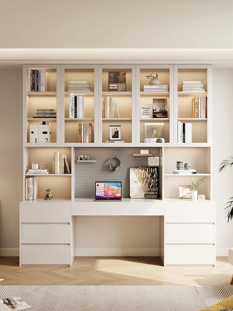 Massivholz-Schreibtisch, maßgeschneidertes Bücherregal aus Eiche der Güteklasse ENF, integrierter Tisch an der Wand, Arbeitszimmer, Heim- und Lerntisch, Bücherregal