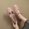 Plus Größe 34-41 Damen-Slipper aus Rindsleder mit Schnitzerei im britischen Stil, T-Riemen, 3,5 cm dick, mittlerer Absatz, elegante Damen-Kleiderschuhe