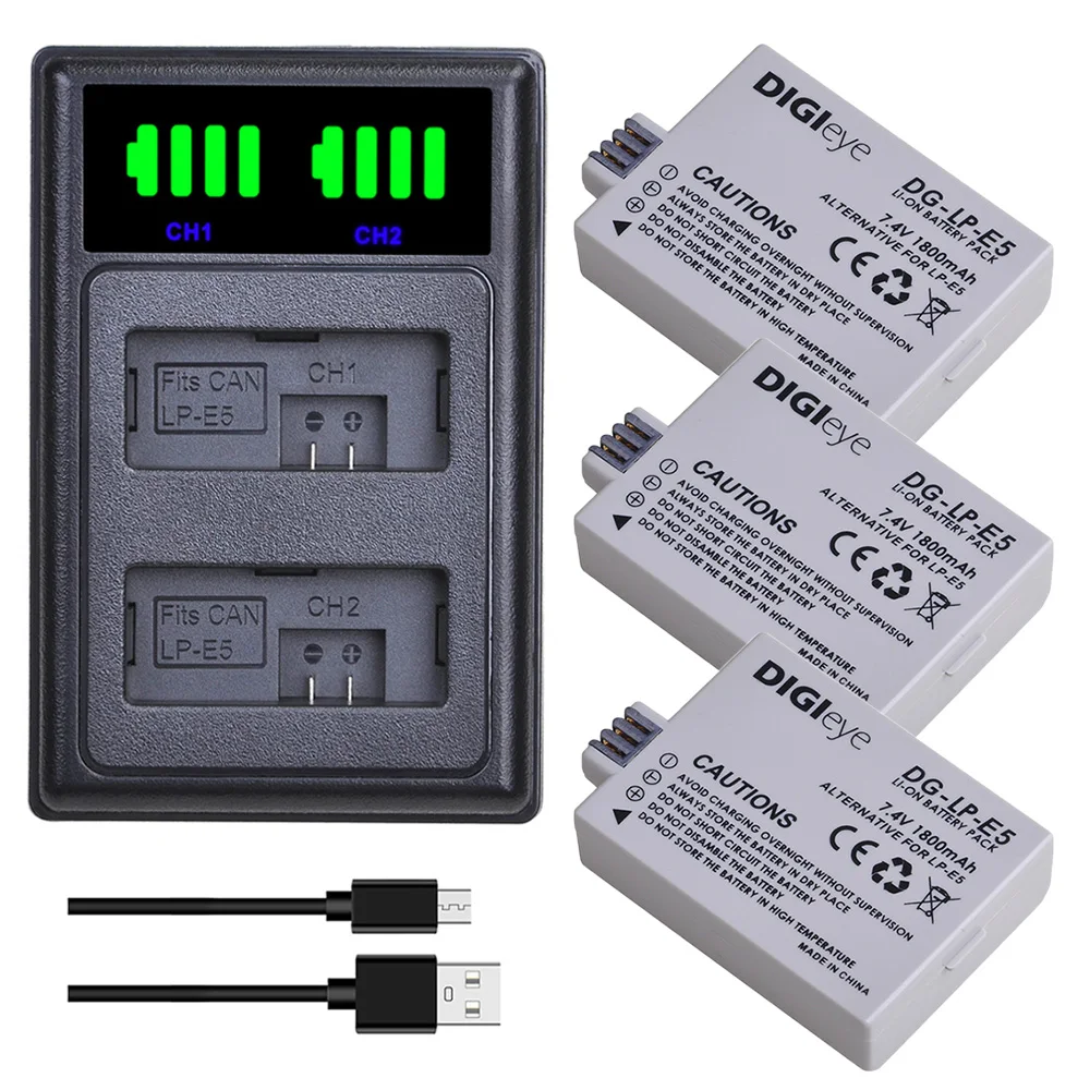 1800 mAh LP-E5 LPE5 Akku/LED-Typ-C-Ladegerät für Canon EOS Rebel XS, Rebel T1i, Rebel XSi, 1000D, 500D, 450D, Kiss X3, X2, F Image