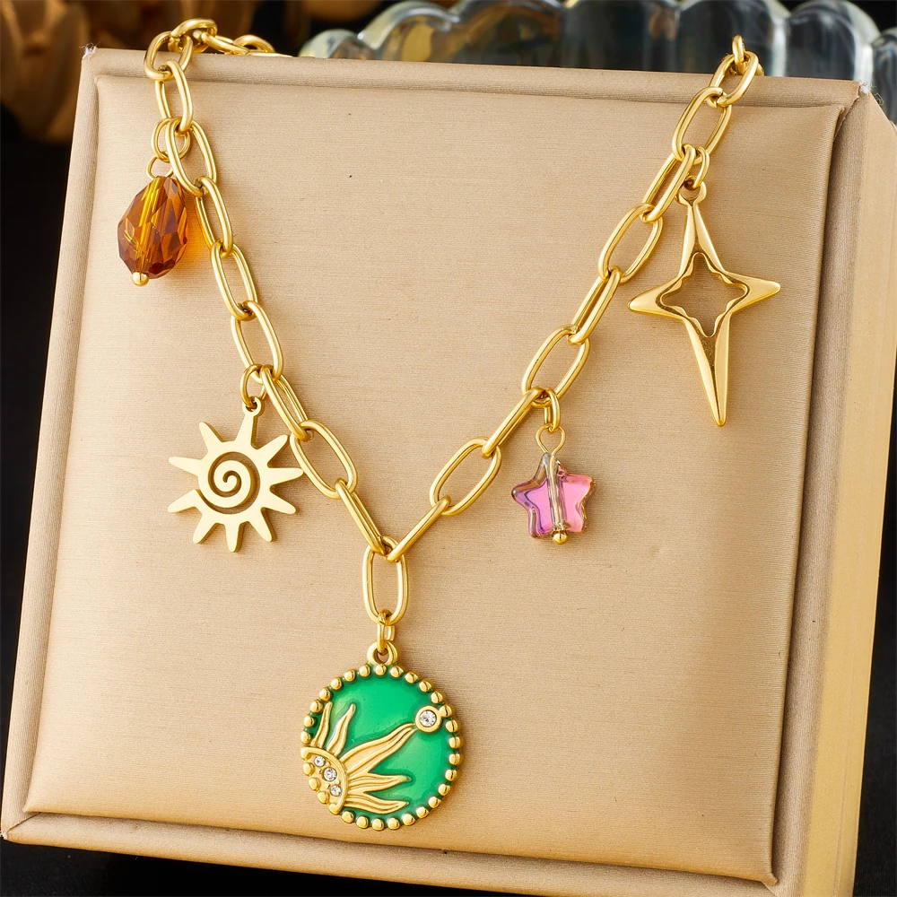 Edelstahl kreisförmige grüne Emaille eingelegte Sonne Multi Anhänger Halskette für Frauen Hals Mode Kette Schmuck Geschenk Image
