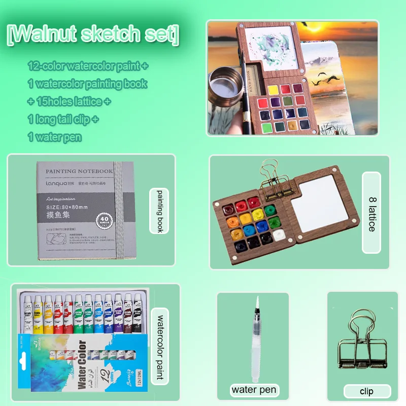 Farbtablett mit 15/8 Fächern, 1 Pinsel und ein Aquarell-Skizzenbuch, 12-Farben-Pigment, 1 Klemme – perfekt für unterwegs Image